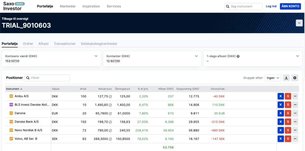 Skærmbillede af SaxoInvestor interface på computer