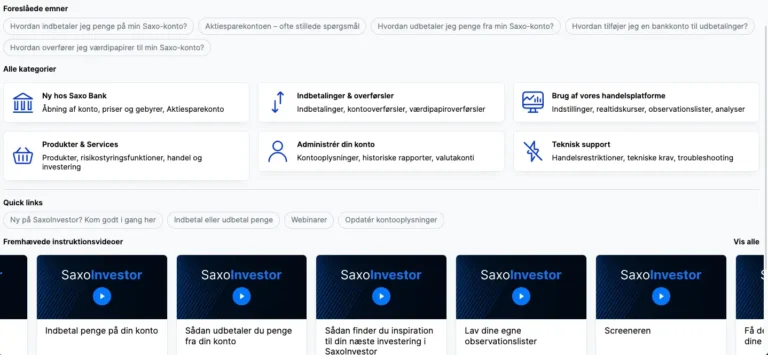 Skærmbillede af support-siden fra Saxo Investor