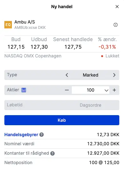 Køb af aktier på SaxoInvestor - skærmbillede